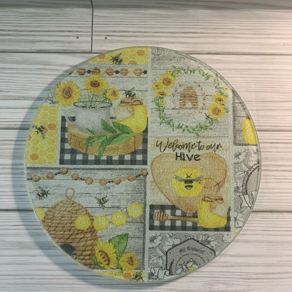 Handcrafted Sunflower Bee Themed Round Glass Hot Plate Cutting Board Spoon Rest